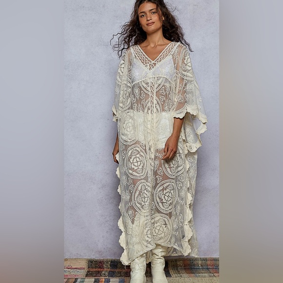POL One Size Natural Cotton Lace Maxi Duster Dress Swim Cover Up - Picture 1 of 4